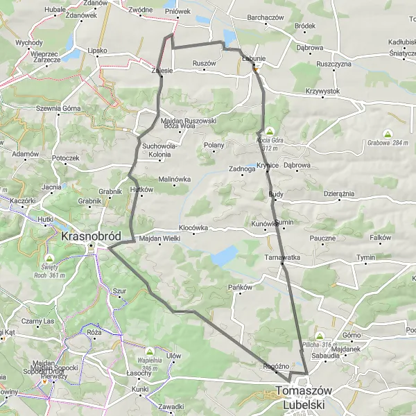 Map miniature of "Tomazsów Lubelski Loop" cycling inspiration in Lubelskie, Poland. Generated by Tarmacs.app cycling route planner