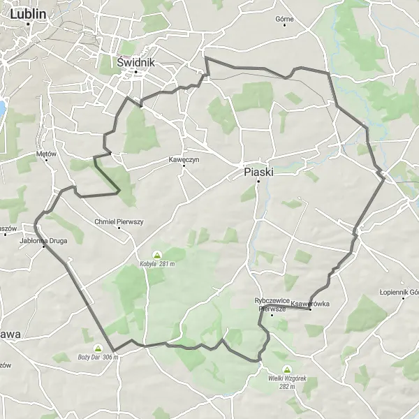 Map miniature of "Historical Trail to Trawniki" cycling inspiration in Lubelskie, Poland. Generated by Tarmacs.app cycling route planner