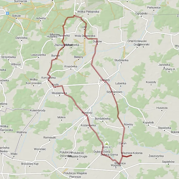 Miniatura mapy "Trasa Gravelowa przez Górkę K2 i Łomazy" - trasy rowerowej w Lubelskie, Poland. Wygenerowane przez planer tras rowerowych Tarmacs.app