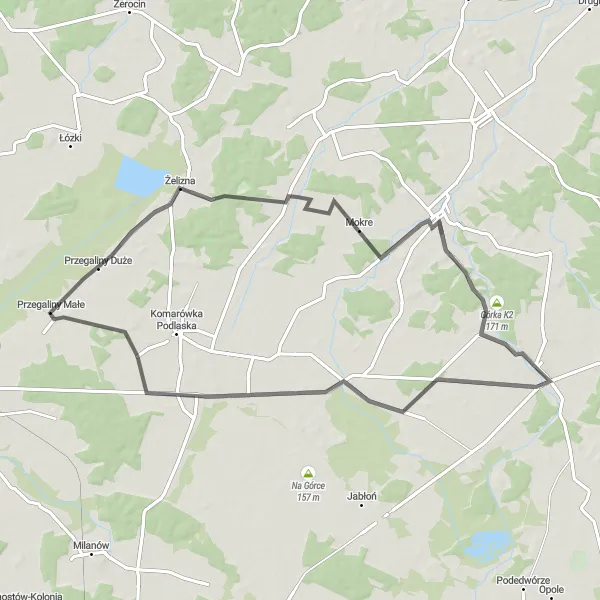 Map miniature of "Exploring Villages near Wisznice" cycling inspiration in Lubelskie, Poland. Generated by Tarmacs.app cycling route planner