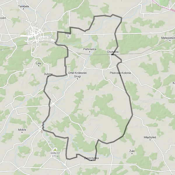 Map miniature of "Road to Chotyłów" cycling inspiration in Lubelskie, Poland. Generated by Tarmacs.app cycling route planner