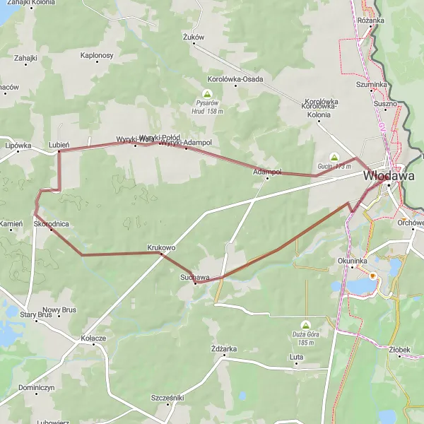 Map miniature of "Around Włodawa - Gravel Adventure" cycling inspiration in Lubelskie, Poland. Generated by Tarmacs.app cycling route planner