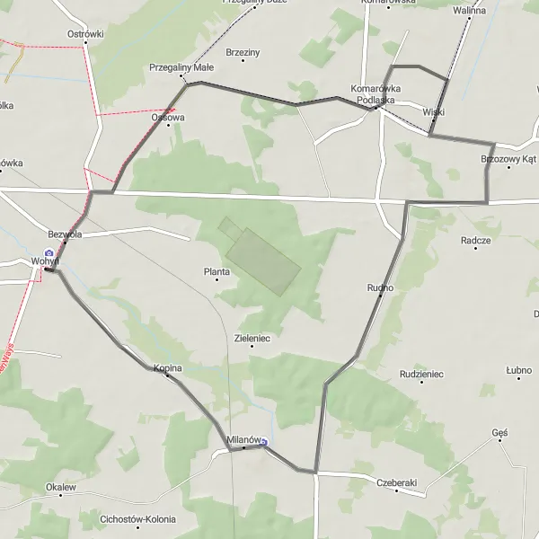 Miniatura mapy "Trasa przez Komarówkę Podlaską i Kostry" - trasy rowerowej w Lubelskie, Poland. Wygenerowane przez planer tras rowerowych Tarmacs.app