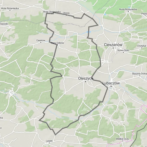 Map miniature of "Dąbków Route" cycling inspiration in Lubelskie, Poland. Generated by Tarmacs.app cycling route planner