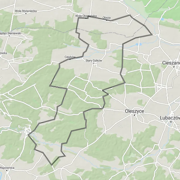 Map miniature of "Ułazów - Surmaczówka - Radawa - Cewków - Wola Obszańska - Pardasówka" cycling inspiration in Lubelskie, Poland. Generated by Tarmacs.app cycling route planner