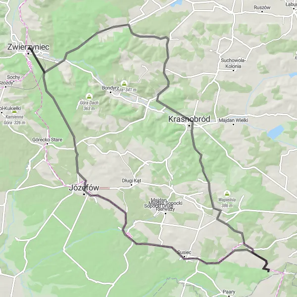 Map miniature of "Zwierzyniec Loop with Stunning Views" cycling inspiration in Lubelskie, Poland. Generated by Tarmacs.app cycling route planner
