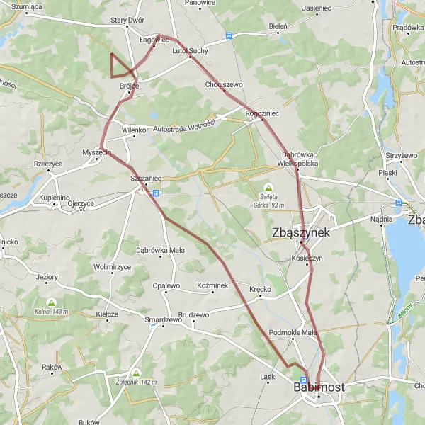 Miniatura mapy "Wyprawa przez Brójce i Kosieczyn" - trasy rowerowej w Lubuskie, Poland. Wygenerowane przez planer tras rowerowych Tarmacs.app