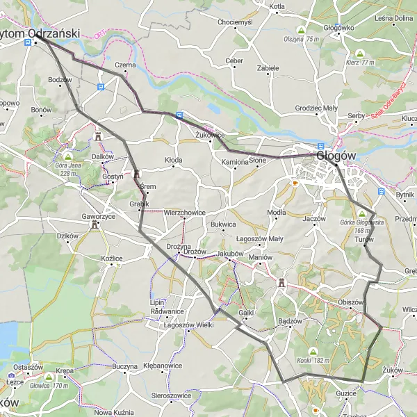 Map miniature of "Głogów Ride" cycling inspiration in Lubuskie, Poland. Generated by Tarmacs.app cycling route planner