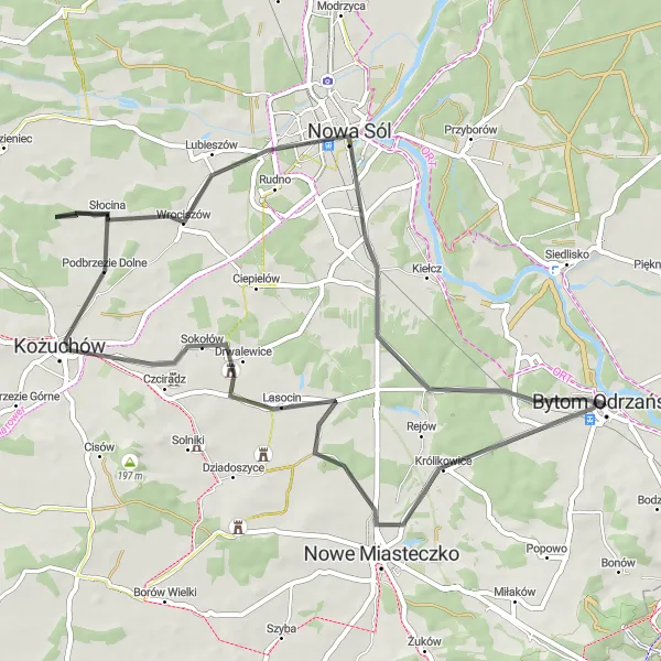 Miniatura mapy "Przejażdżka przez Nowe Miasteczko do Kożuchowa" - trasy rowerowej w Lubuskie, Poland. Wygenerowane przez planer tras rowerowych Tarmacs.app