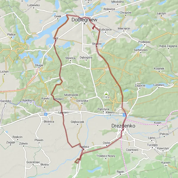 Miniatura mapy "Trasa Gravelowa przez Grzmikoło i Nowe Kurowo" - trasy rowerowej w Lubuskie, Poland. Wygenerowane przez planer tras rowerowych Tarmacs.app
