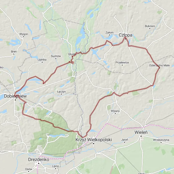 Miniatura mapy "Trasa Gravelowa przez Głusko i Drawiny" - trasy rowerowej w Lubuskie, Poland. Wygenerowane przez planer tras rowerowych Tarmacs.app