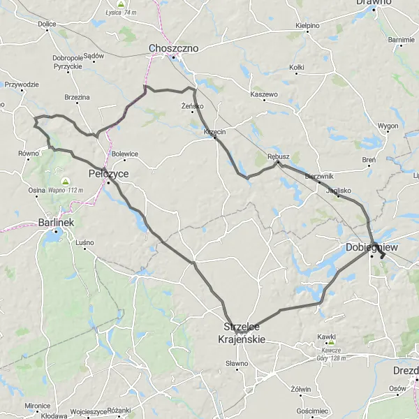 Miniatura mapy "Przejażdżka Szosowa przez Pełcz" - trasy rowerowej w Lubuskie, Poland. Wygenerowane przez planer tras rowerowych Tarmacs.app