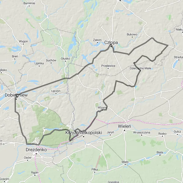 Miniatura mapy "Przejażdżka Szosowa do Dobiegniowa" - trasy rowerowej w Lubuskie, Poland. Wygenerowane przez planer tras rowerowych Tarmacs.app
