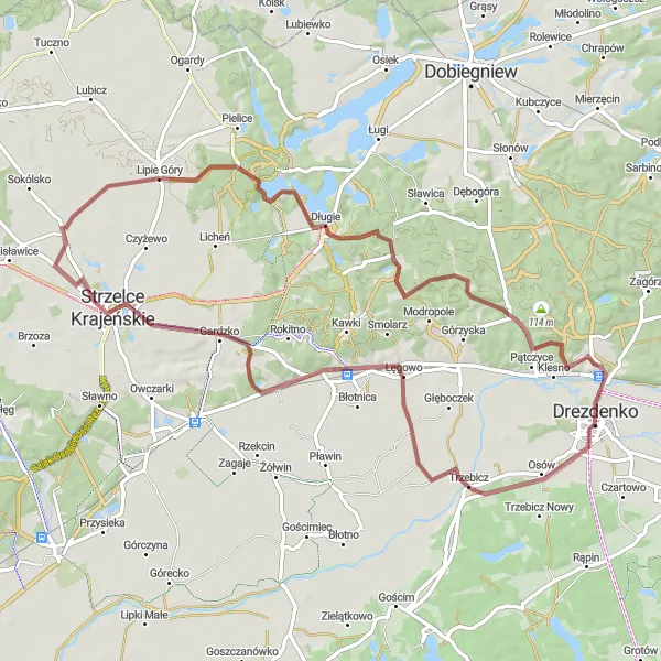 Map miniature of "Scenic Gravel Ride to Przynotecko and Klesno" cycling inspiration in Lubuskie, Poland. Generated by Tarmacs.app cycling route planner