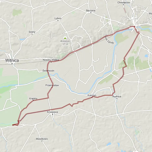 Map miniature of "Gravel Route through Gorzów Wielkopolski" cycling inspiration in Lubuskie, Poland. Generated by Tarmacs.app cycling route planner