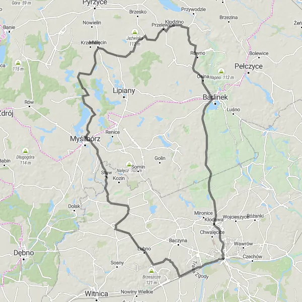 Miniatura mapy "Wycieczka do Kłodawy" - trasy rowerowej w Lubuskie, Poland. Wygenerowane przez planer tras rowerowych Tarmacs.app