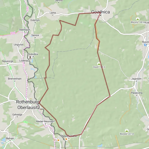 Map miniature of "Scenic Gravel Ride from Gozdnica" cycling inspiration in Lubuskie, Poland. Generated by Tarmacs.app cycling route planner