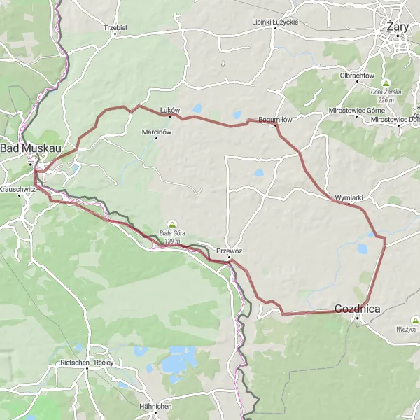 Map miniature of "Mysterious Gravel Circuit around Gozdnica" cycling inspiration in Lubuskie, Poland. Generated by Tarmacs.app cycling route planner