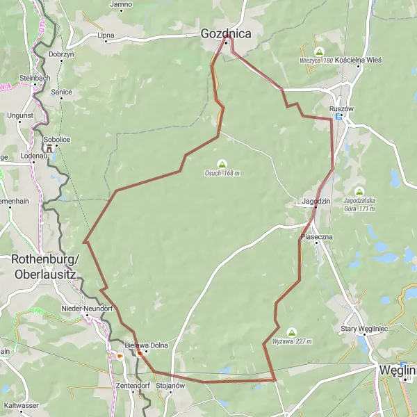 Map miniature of "Gravel Adventure to Szklana Góra" cycling inspiration in Lubuskie, Poland. Generated by Tarmacs.app cycling route planner