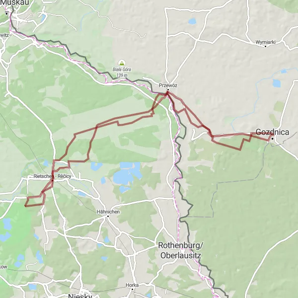 Map miniature of "Hidden Gems in the Green Landscape" cycling inspiration in Lubuskie, Poland. Generated by Tarmacs.app cycling route planner