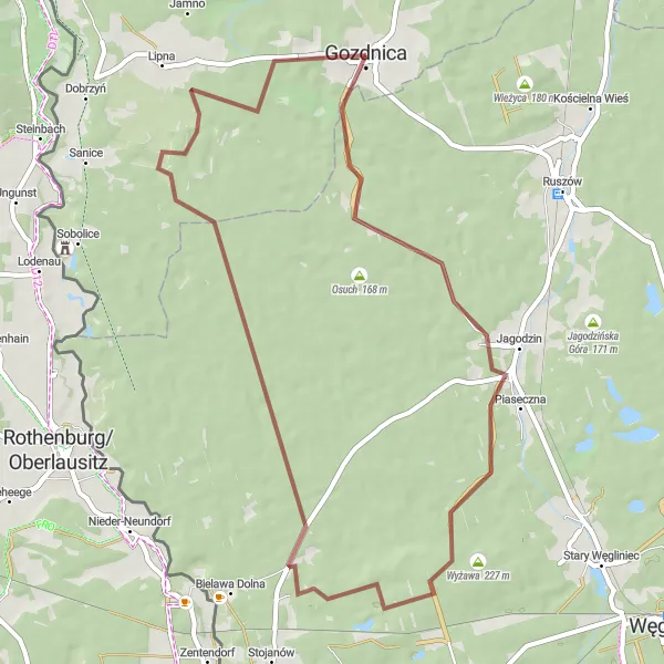 Map miniature of "The Wyżawa Escape" cycling inspiration in Lubuskie, Poland. Generated by Tarmacs.app cycling route planner