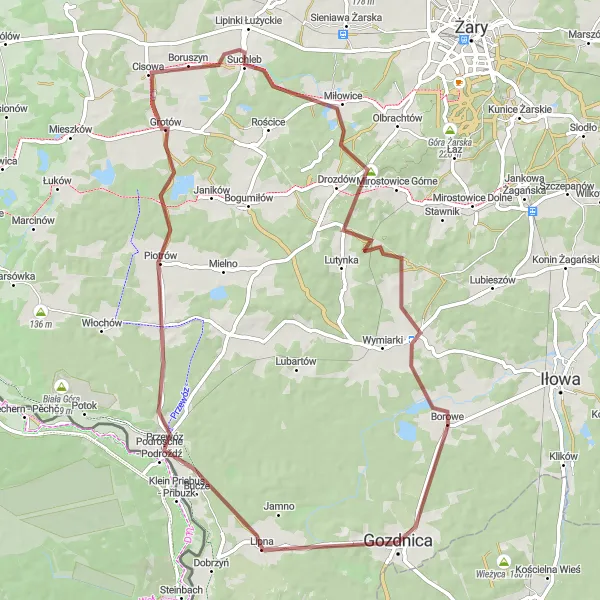 Map miniature of "The Boruszyn Adventure" cycling inspiration in Lubuskie, Poland. Generated by Tarmacs.app cycling route planner