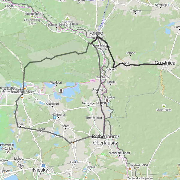 Map miniature of "The Rothenburg Loop" cycling inspiration in Lubuskie, Poland. Generated by Tarmacs.app cycling route planner