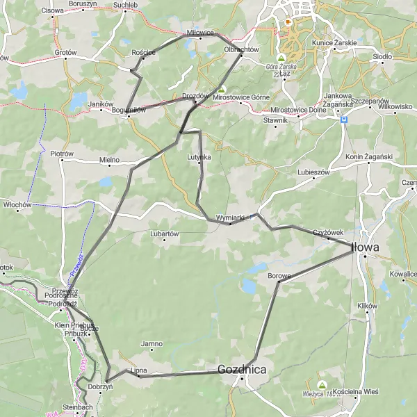 Map miniature of "The Przewóz Loop" cycling inspiration in Lubuskie, Poland. Generated by Tarmacs.app cycling route planner