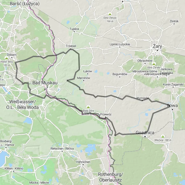 Map miniature of "Gozdnica to Trzebiel Cycling Tour" cycling inspiration in Lubuskie, Poland. Generated by Tarmacs.app cycling route planner