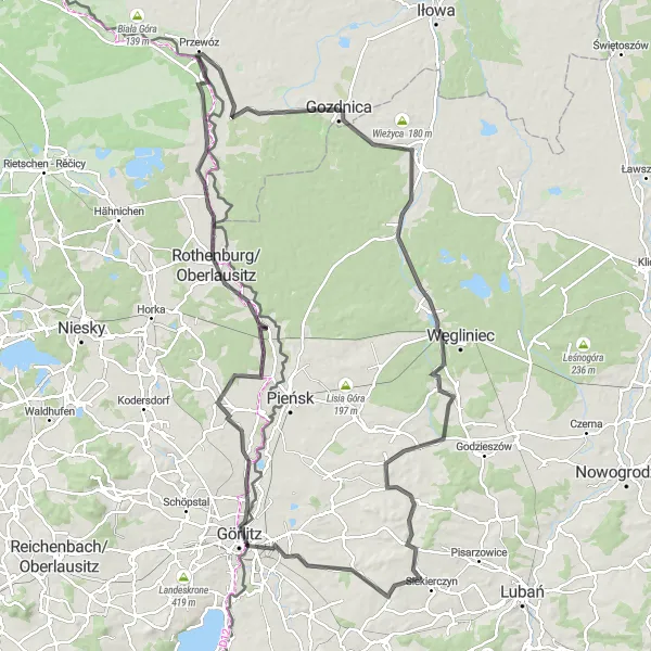 Map miniature of "Gozdnica to Görlitz Loop" cycling inspiration in Lubuskie, Poland. Generated by Tarmacs.app cycling route planner
