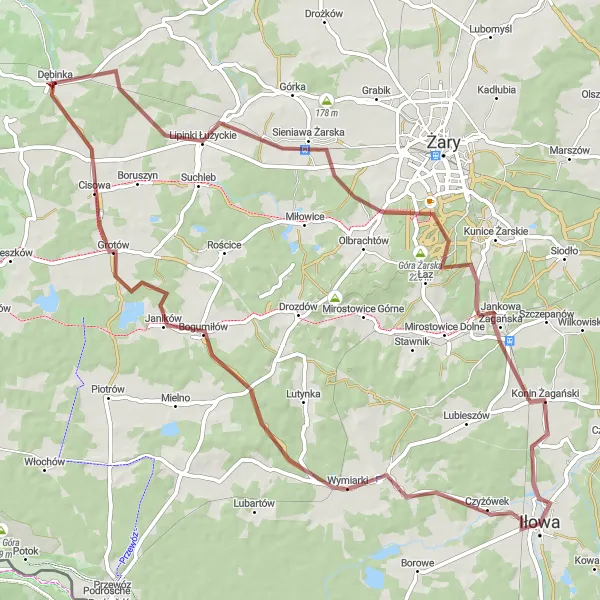 Miniatura mapy "Trasa Rowerowa Gravelowa przez Wymiarki i Jankową Żagańską" - trasy rowerowej w Lubuskie, Poland. Wygenerowane przez planer tras rowerowych Tarmacs.app