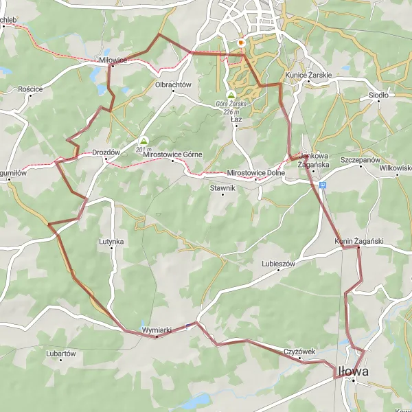 Miniatura mapy "Trasa Wymiarki-Miłowice-Jankowa Żagańska" - trasy rowerowej w Lubuskie, Poland. Wygenerowane przez planer tras rowerowych Tarmacs.app