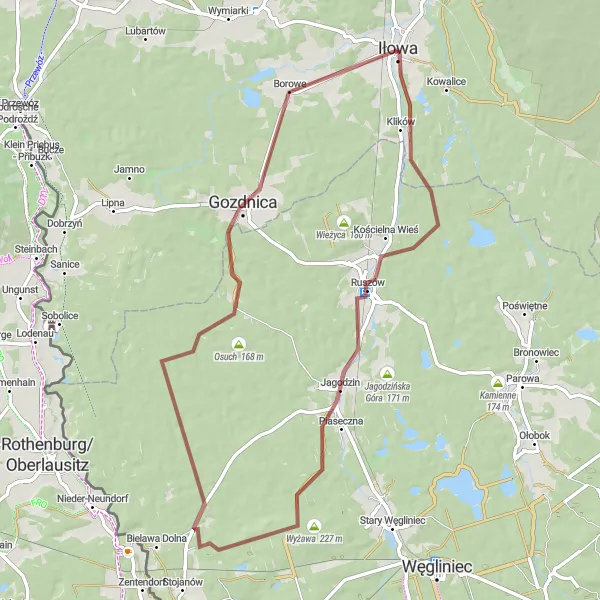 Miniatura mapy "Trasa szutrowa przez Klików - Mostek Miłości" - trasy rowerowej w Lubuskie, Poland. Wygenerowane przez planer tras rowerowych Tarmacs.app