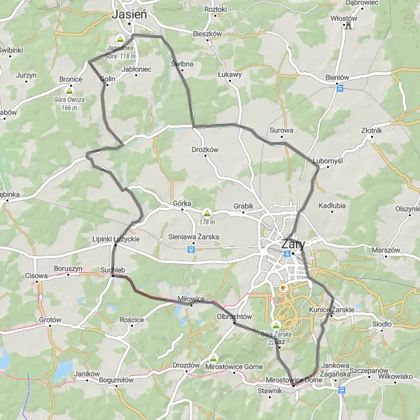 Map miniature of "Jasień Circuit" cycling inspiration in Lubuskie, Poland. Generated by Tarmacs.app cycling route planner