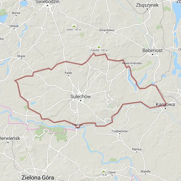 Map miniature of "Exploring Cigacice and Nowe Kramsko" cycling inspiration in Lubuskie, Poland. Generated by Tarmacs.app cycling route planner