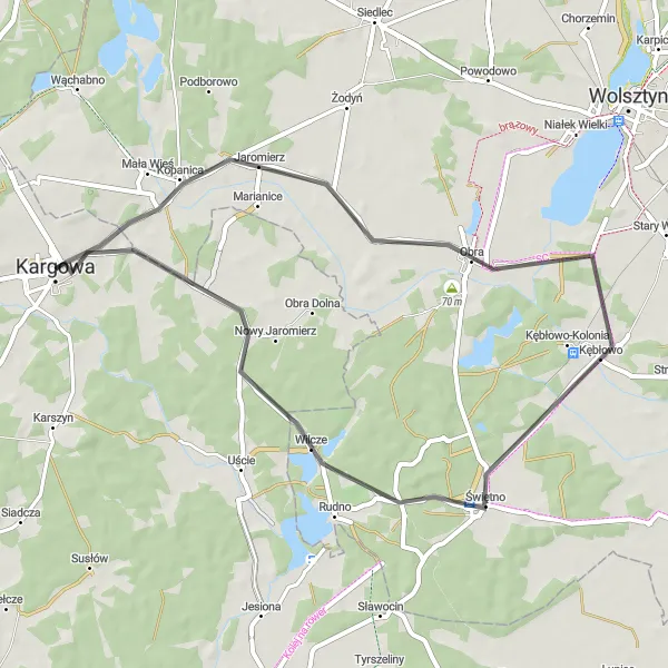 Miniatura mapy "Przejażdżka rowerowa z Obry do Wilczego" - trasy rowerowej w Lubuskie, Poland. Wygenerowane przez planer tras rowerowych Tarmacs.app