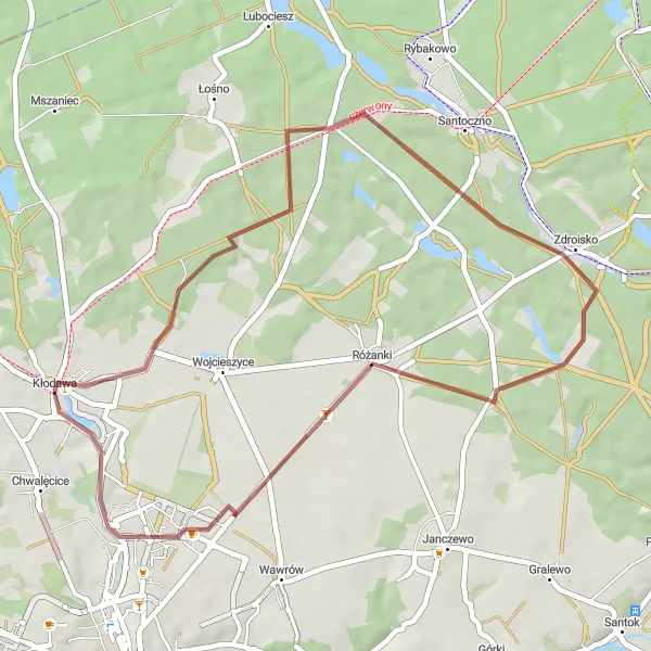 Map miniature of "The Gravel Route of Zdroisko and Różanki" cycling inspiration in Lubuskie, Poland. Generated by Tarmacs.app cycling route planner