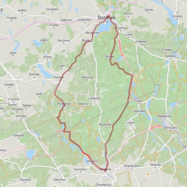 Map miniature of "The Gravel Route of Mironice and Kłodawa-Osiedle" cycling inspiration in Lubuskie, Poland. Generated by Tarmacs.app cycling route planner