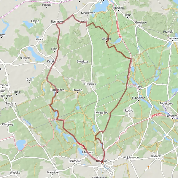 Map miniature of "The Gravel Route of Mironice, Parzeńsko, and Rychnów" cycling inspiration in Lubuskie, Poland. Generated by Tarmacs.app cycling route planner