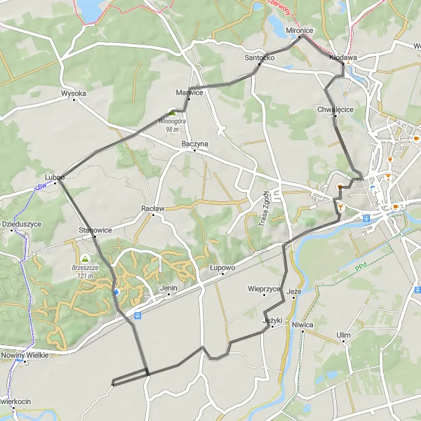 Map miniature of "Kłodawa and Beyond" cycling inspiration in Lubuskie, Poland. Generated by Tarmacs.app cycling route planner