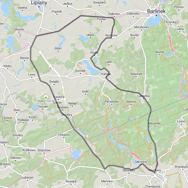 Map miniature of "Mironice and Kinice" cycling inspiration in Lubuskie, Poland. Generated by Tarmacs.app cycling route planner