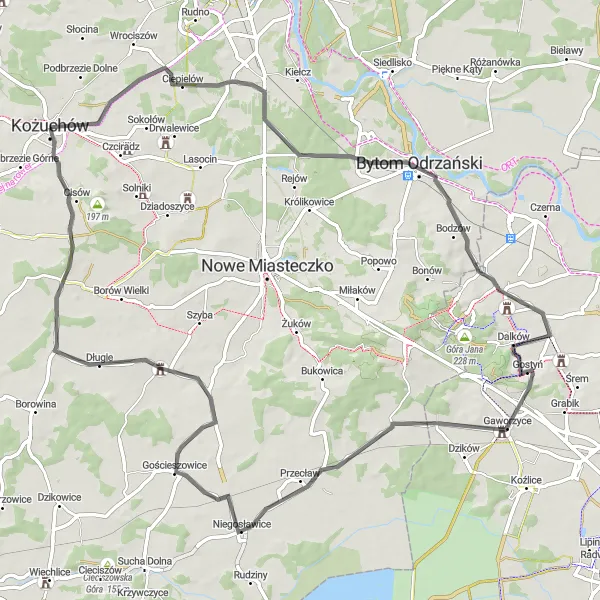 Map miniature of "Kożuchów and Back" cycling inspiration in Lubuskie, Poland. Generated by Tarmacs.app cycling route planner