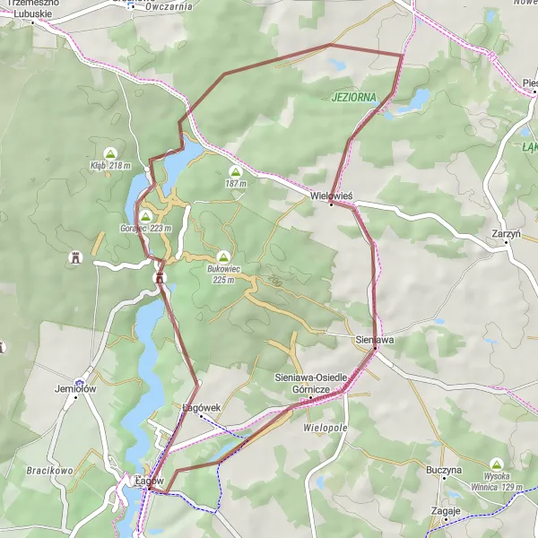 Map miniature of "Łagów and the Surroundings" cycling inspiration in Lubuskie, Poland. Generated by Tarmacs.app cycling route planner