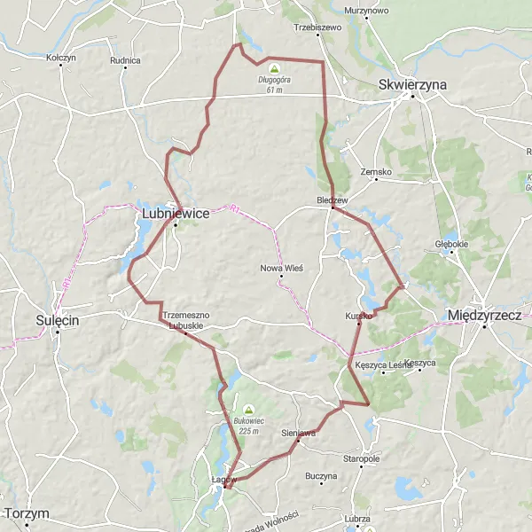 Miniatura mapy "Trasa Gravel: Łagów - Gorzyca - Zarzyń" - trasy rowerowej w Lubuskie, Poland. Wygenerowane przez planer tras rowerowych Tarmacs.app