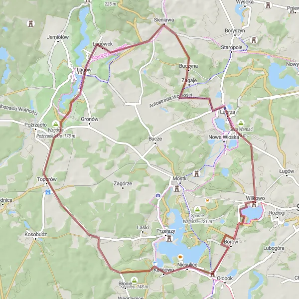 Miniatura mapy "Trasa Gravel: Łagów - Wilkowo - Gronów-Winiarnia" - trasy rowerowej w Lubuskie, Poland. Wygenerowane przez planer tras rowerowych Tarmacs.app