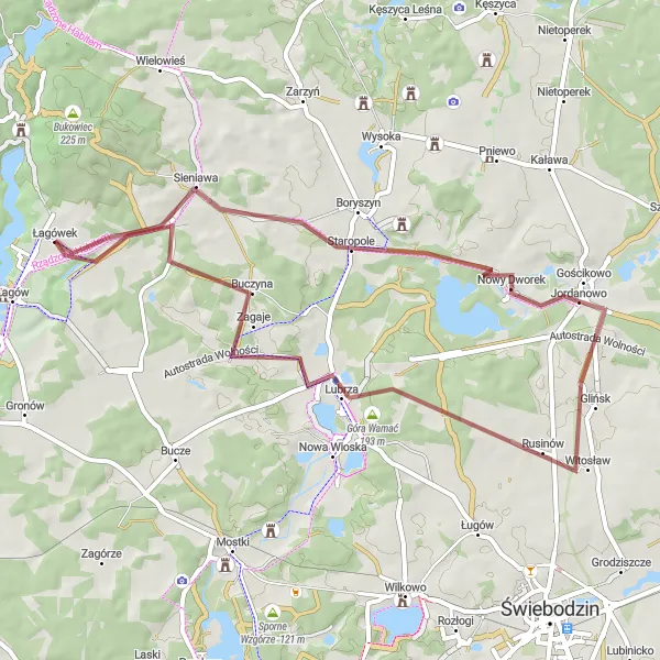 Map miniature of "Scenic Gravel Loop Around Lubrza" cycling inspiration in Lubuskie, Poland. Generated by Tarmacs.app cycling route planner
