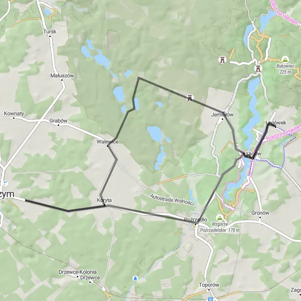 Miniatura mapy "Trasa Road: Łagów - Koryta - Jemiołów" - trasy rowerowej w Lubuskie, Poland. Wygenerowane przez planer tras rowerowych Tarmacs.app