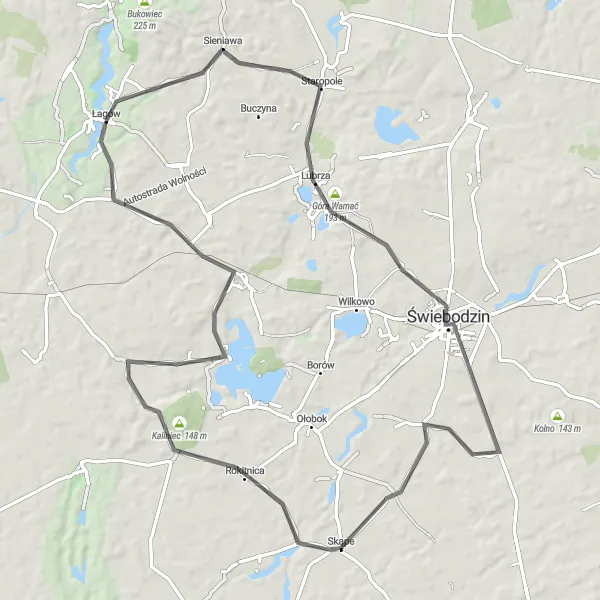 Map miniature of "Exploring Świebodzin and Beyond" cycling inspiration in Lubuskie, Poland. Generated by Tarmacs.app cycling route planner