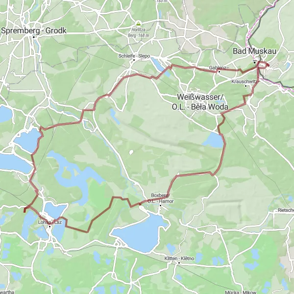 Map miniature of "Gravel Adventure through Lohsa" cycling inspiration in Lubuskie, Poland. Generated by Tarmacs.app cycling route planner