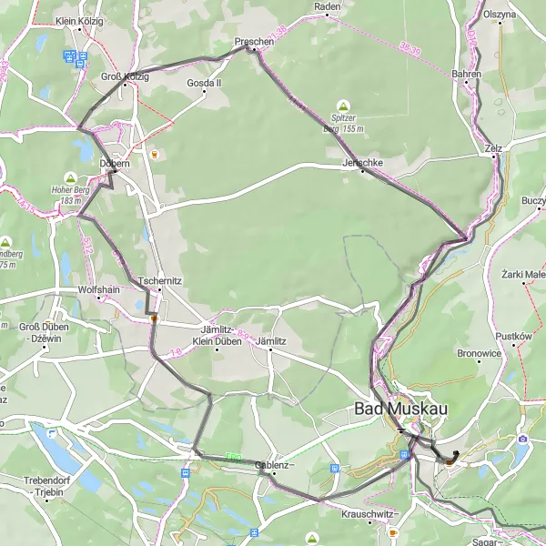 Miniatura mapy "Szlak przez Döbern i Lissberg" - trasy rowerowej w Lubuskie, Poland. Wygenerowane przez planer tras rowerowych Tarmacs.app